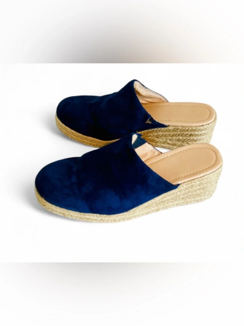 Navy Blue Suede Espadrilles Wedge Mules Closed Toe Slides Platform Boho Size 9.5